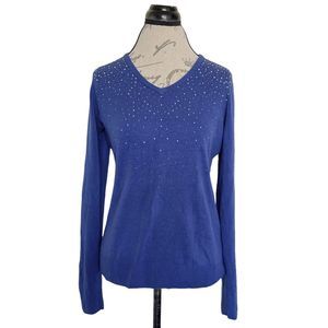 Carolyn Taylor Womens Size Large V Neck Sweater Blue Sequin Studded Long Sleeve